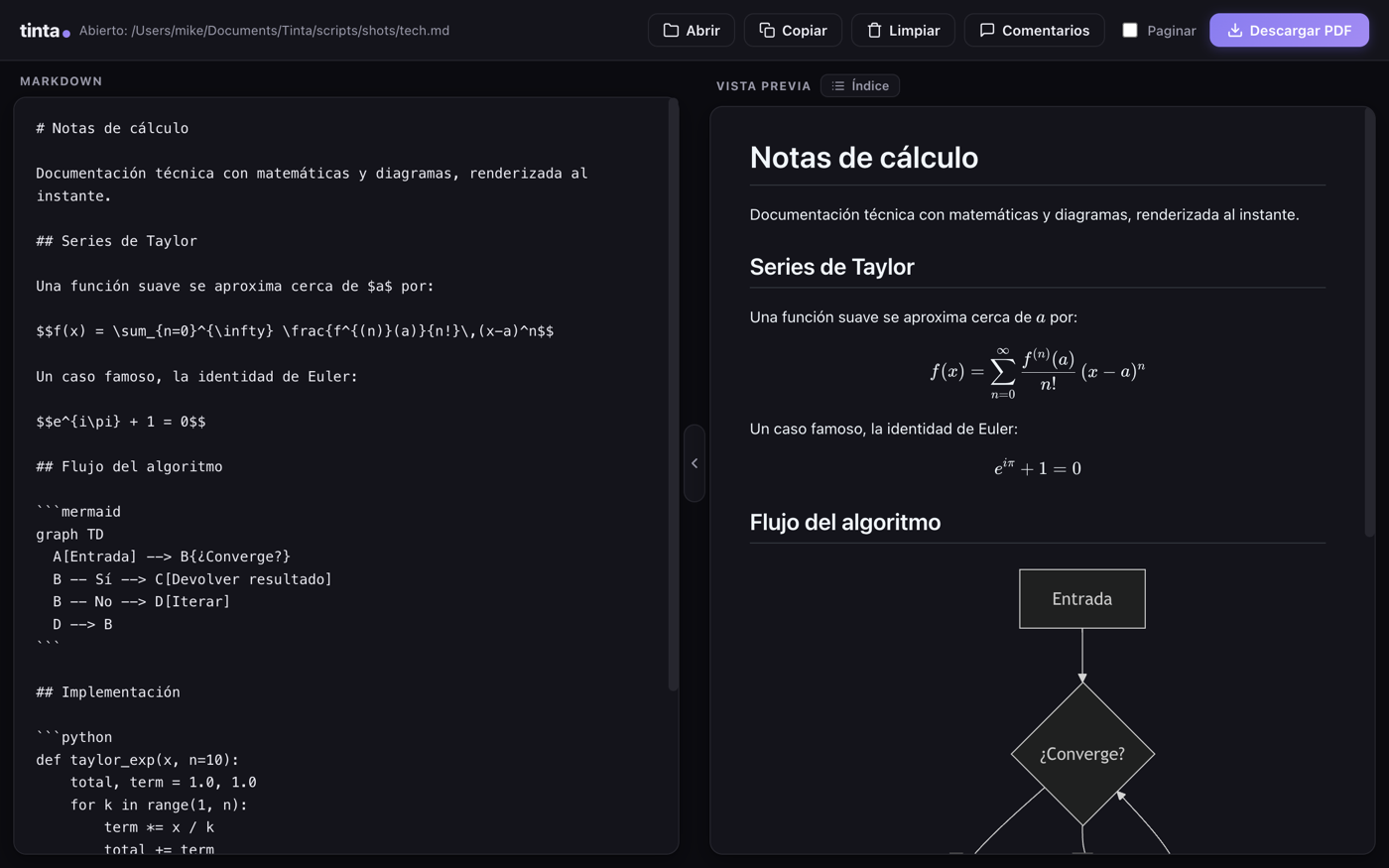 Matemáticas y diagramas en modo oscuro